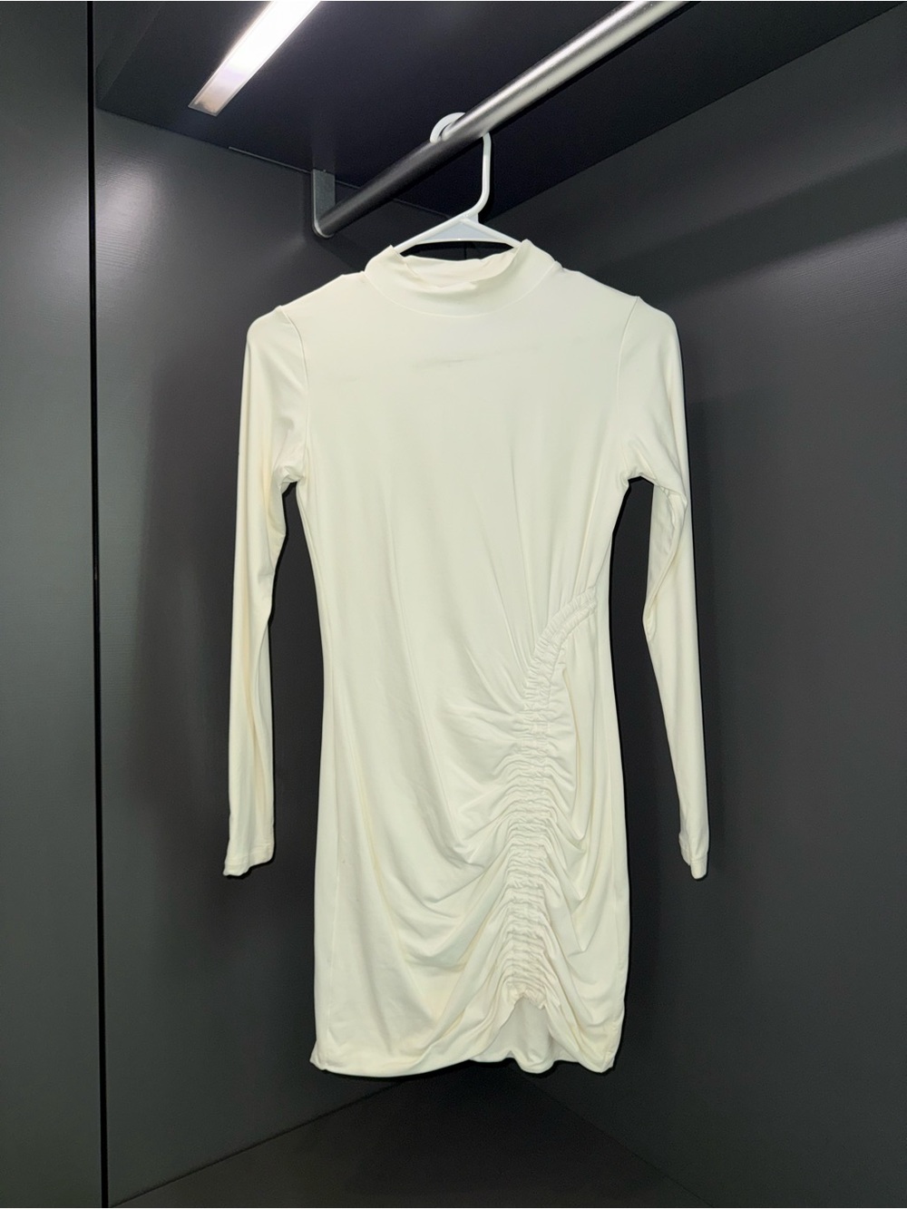 Babyboo Fashion Cream Ruched Mock Neck Long Sleeve Mini Dress S